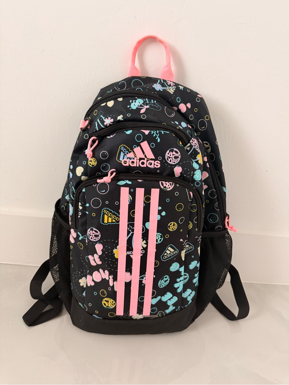 adidas Black Backpack with Pink Accents and Multicolor Print